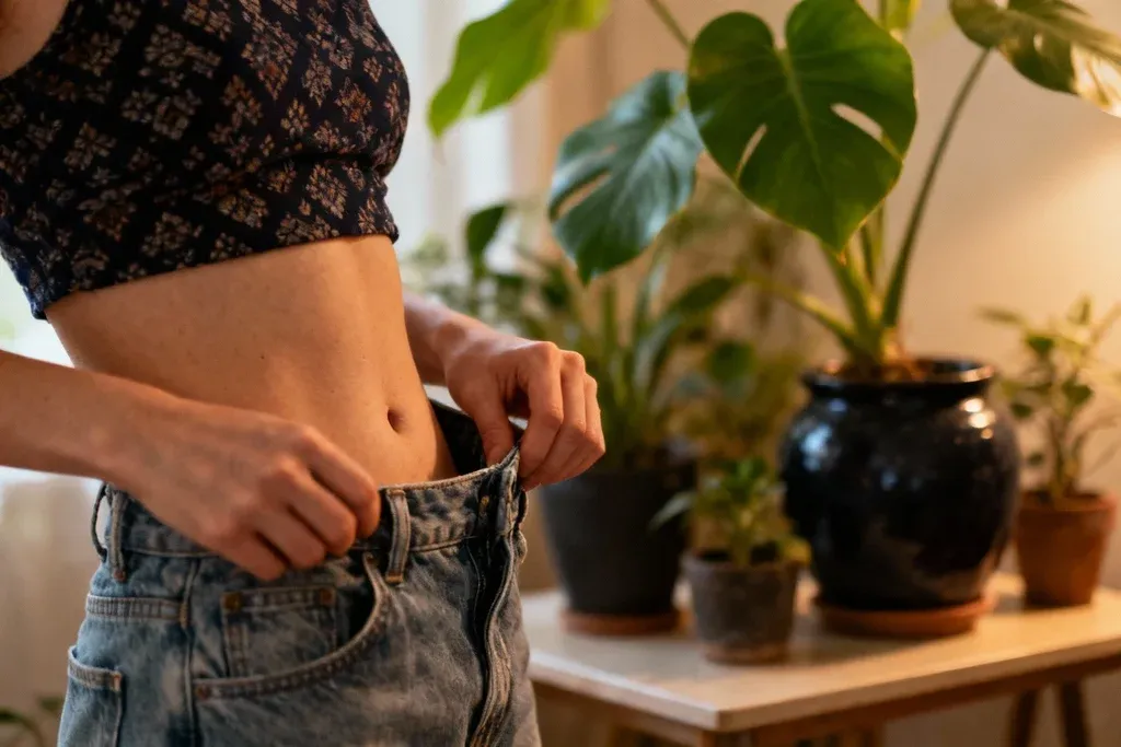 Kvinne holder ut linningen på en for stor jeans