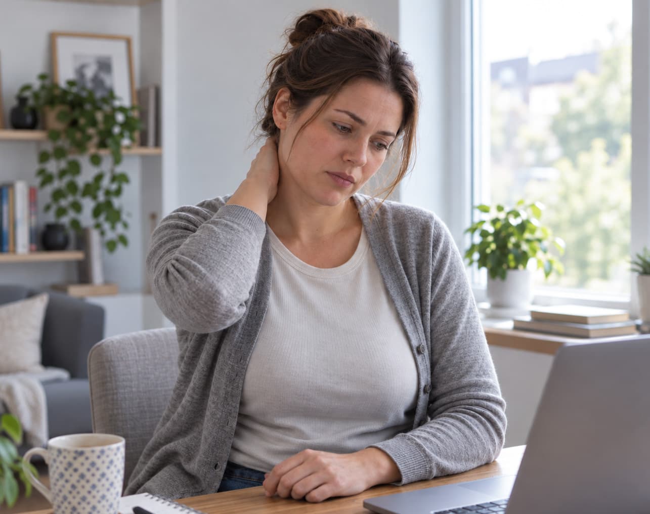 Kvinne sitter ved bordet hjemme med laptop og holder seg til nakken